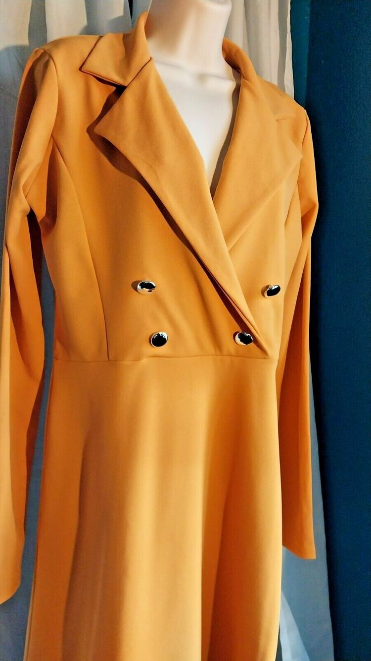 New Boohoo Sz 10 Tall Yellow Lapel Neck Double Breasted Blazer Fall Dress - Picture 5 of 7